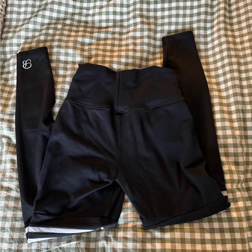 Bombshell Sportswear Black Leggings with White Stripes-PERFORM THIGH HIGHS - Picture 4 of 7